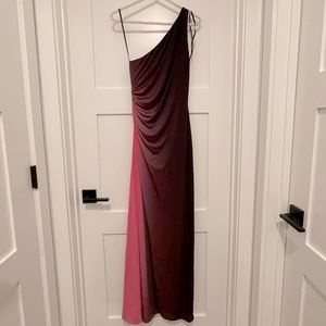 Betsy & Adam dark purple and pink ombré floor length one shoulder gown